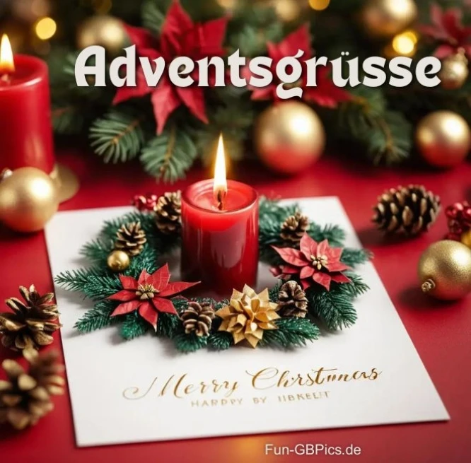 Eine rote Kerze steht auf einem Kranz aus Tannenzapfen und Weihnachtssternen und ruht auf einer weißen Karte mit der Aufschrift „Merry Christmas“. Die Karte ist mit einer schicken goldenen Schrift versehen. All diese Dinge stehen auf einer roten Fläche, im Hintergrund sind weitere Kerzen, Tannenzapfen und Weihnachtssterne zu sehen.