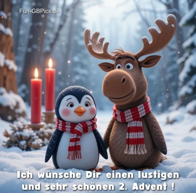 Eine digitale CGI-Szene mit einem kuscheligen Pinguin und einem Elch mit riesigen Geweihen, beide mit rot-weiß gestreiften Schals bekleidet, chillen in einem verschneiten Wald. Links brennen zwei rote Kerzen und verbreiten ein gemütliches Licht, während die nebligen Bäume im Hintergrund eine friedliche Winterstimmung verbreiten.Der Text auf dem Bild lautet:Ich wünsche Dir einen lustigen und sehr schönen 2. Advent!