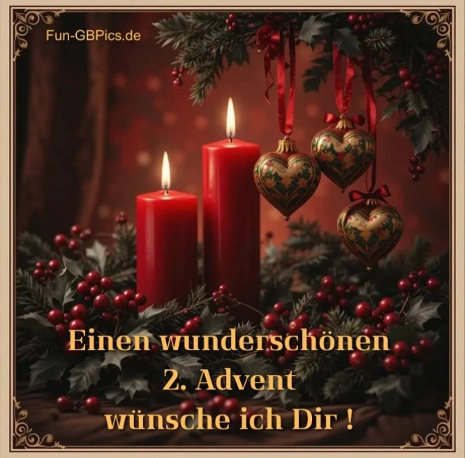 Zwei rote Kerzen leuchten auf einem dunkelgrünen Tannenzweig, umgeben von roten Beeren und Efeu. An den Zweigen hängen herzförmige Ornamente in Gold und Grün, vor einem verschwommenen, warmen Rot. Ein brauner, eleganter Rahmen verleiht dem Ganzen einen klassischen Touch.Der Text auf dem Bild lautet: Einen wunderschönen 2. Advent wünsche ich Dir!