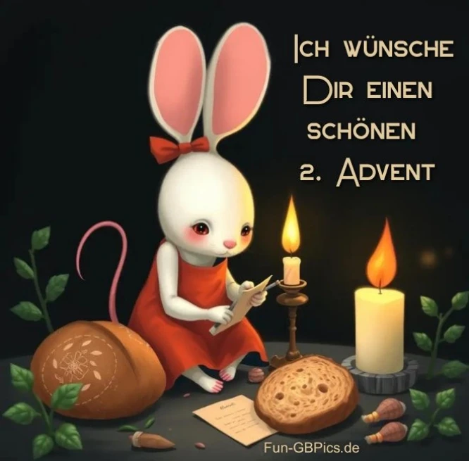 Ein süßes weißes Häschen mit großen rosa Ohren und einer roten Schleife trägt ein rotes Kleid und hält ein Stück Papier in der Hand. Der dunkle Hintergrund zeigt eine brennende Kerze, einen Laib Brot und einen Strauß grüner Blätter. Die Szene ist skurril und bezaubernd.Der Text auf dem Bild lautet:Ich wünsche Dir einen schönen 2. Advent!