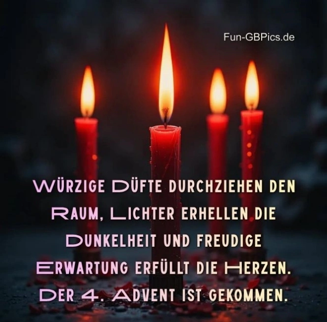Würzige Düfte durchziehen den Raum, Lichter erhellen die Dunkelheit und freudige Erwartung erfüllt die Herzen. Der vierte Advent ist gekommen. Vier Adventskerzen.