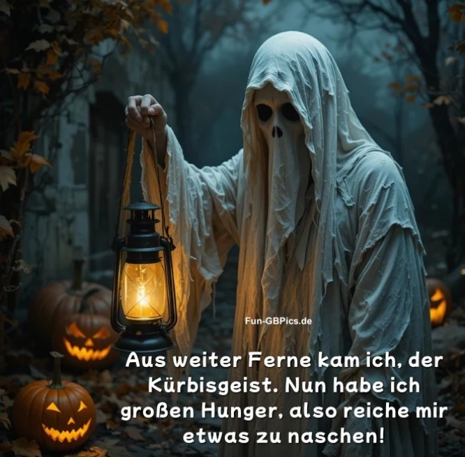 Aus weiter Ferne kam ich, der Kürbisgeist. Nun habe ich großen Hunger, also reiche mir etwas zu naschen!