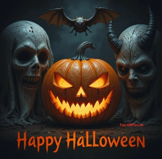 Eine leuchtende Kürbislaterne mit scharfen Zähnen und einem bösen Grinsen sitzt zwischen zwei gruseligen Halloween-Masken – die eine sieht aus wie ein Geist, die andere wie ein Dämon. Über dem Kürbis hängt eine Fledermaus. „Happy Halloween“ steht in fetten, orangefarbenen Buchstaben am unteren Rand