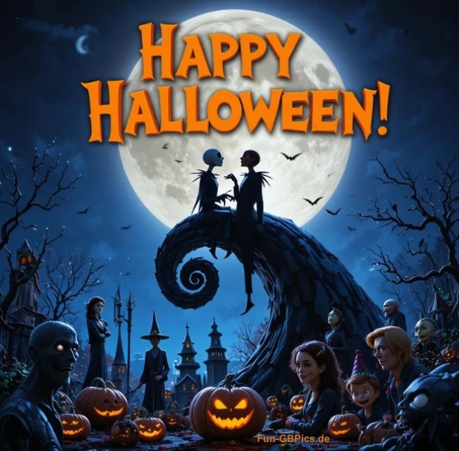 Ein digitales Halloween-Foto zeigt einen leuchtenden Vollmond, die Silhouetten von Jack Skellington und Sally aus „Nightmare Before Christmas“ sowie eine Reihe gruseliger Figuren wie den Grinch, Slimer und die Chucky-Puppe. „Happy Halloween!“ steht oben rechts in leuchtendem Orange.