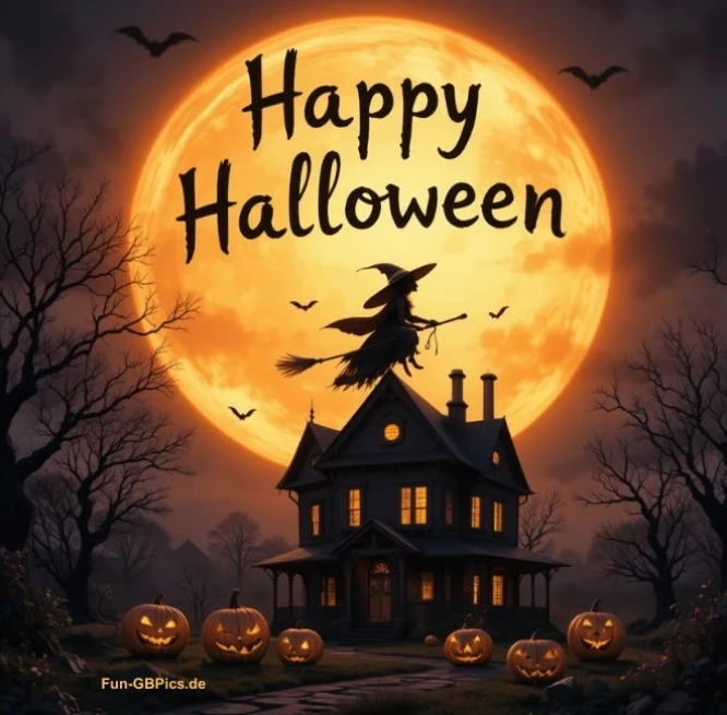 Eine gruselige Halloween-Szene mit einer schwarzen Katze, einer Hexe auf einem Besen und fünf Kürbisköpfen vor einem dunklen, orangefarbenen Mondhimmel. Im Vordergrund steht ein gruseliges, altmodisches Haus mit leuchtenden Fenstern. „Happy Halloween“ steht auf dem Bild